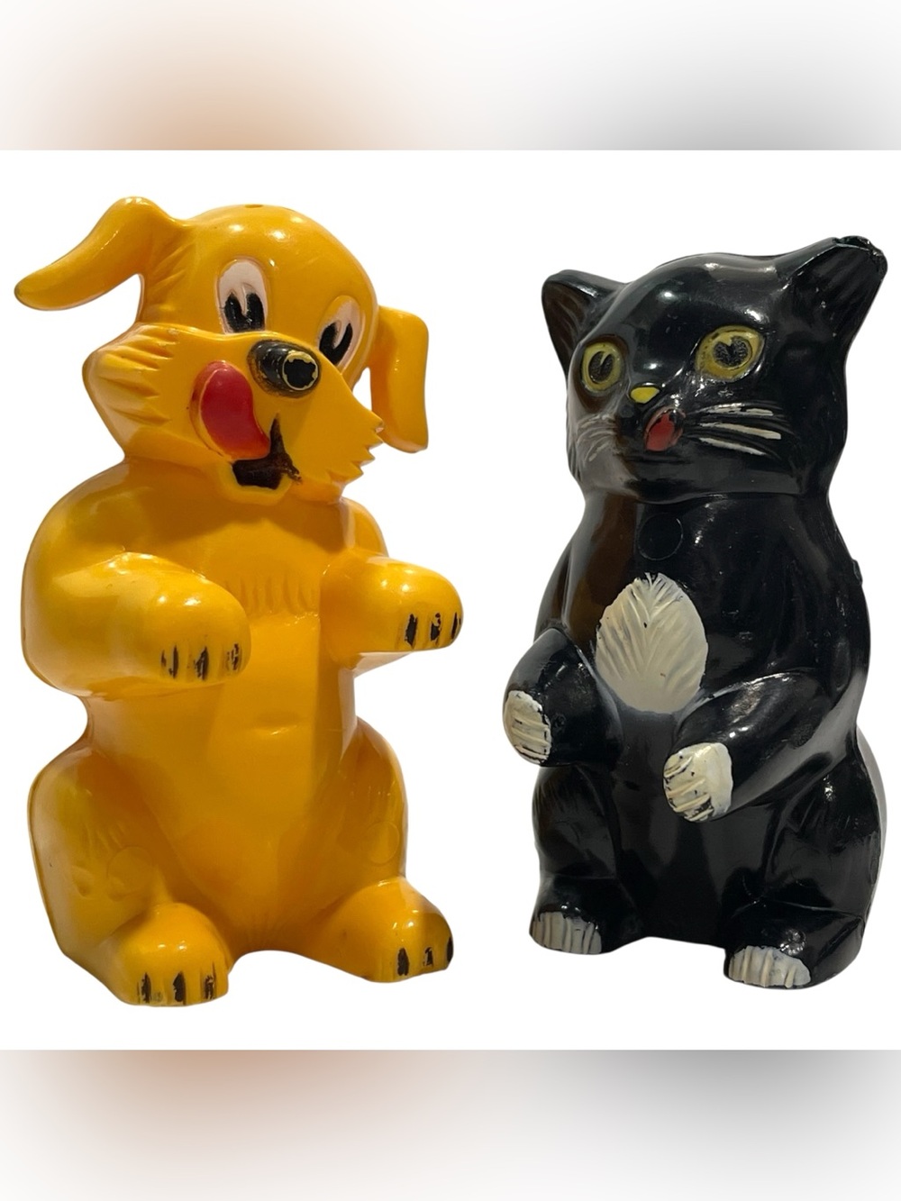 Vintage 1950s Fitz & Floyd Black Cat Yellow Dog Plastic Salt and Pepper Shakers